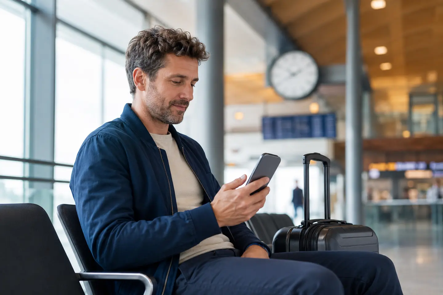 Viajero consultando el estado de su autorización en una terminal