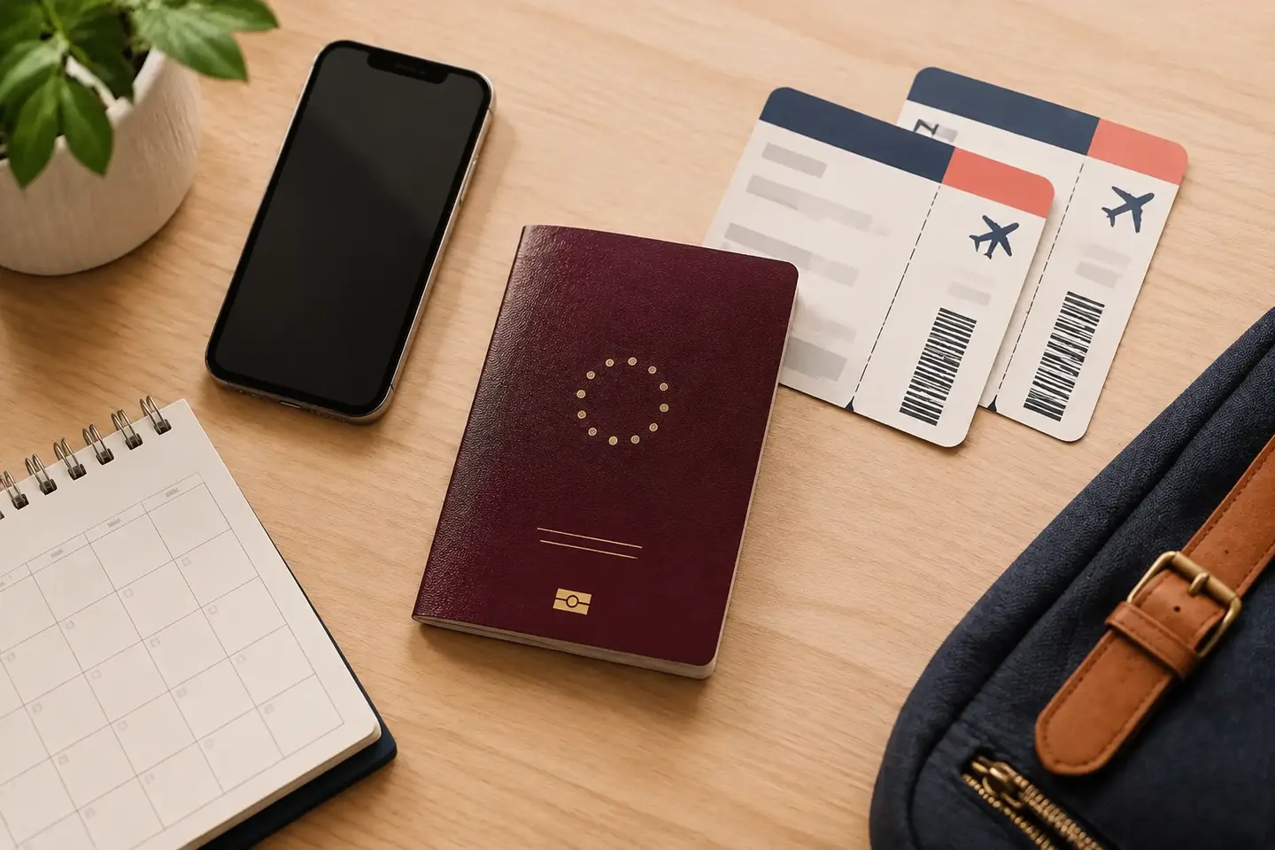 Pasaporte español burdeos junto a un calendario, móvil y tarjetas de embarque de varios viajes