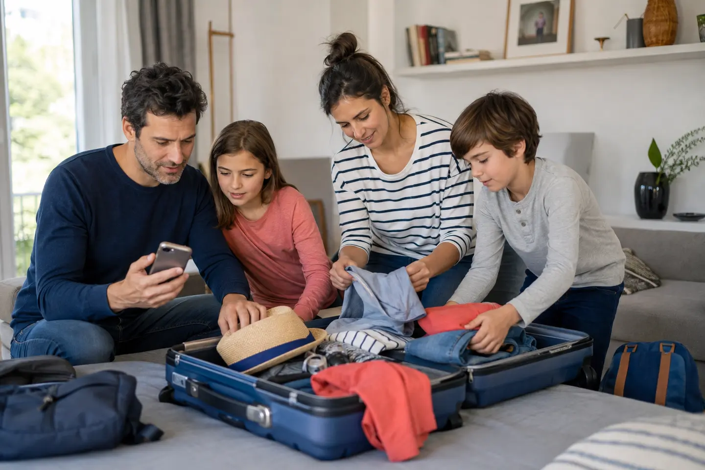 Familia preparando el equipaje para viajar al Reino Unido con menores