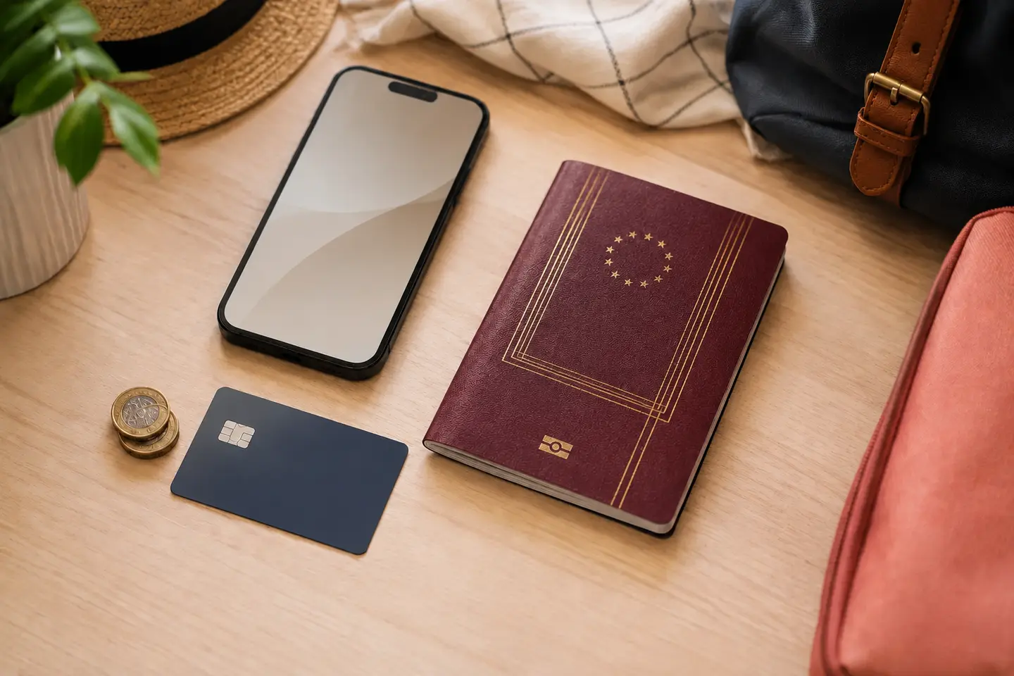 Pasaporte español burdeos, móvil, tarjeta y monedas preparados para abonar la ETA del Reino Unido